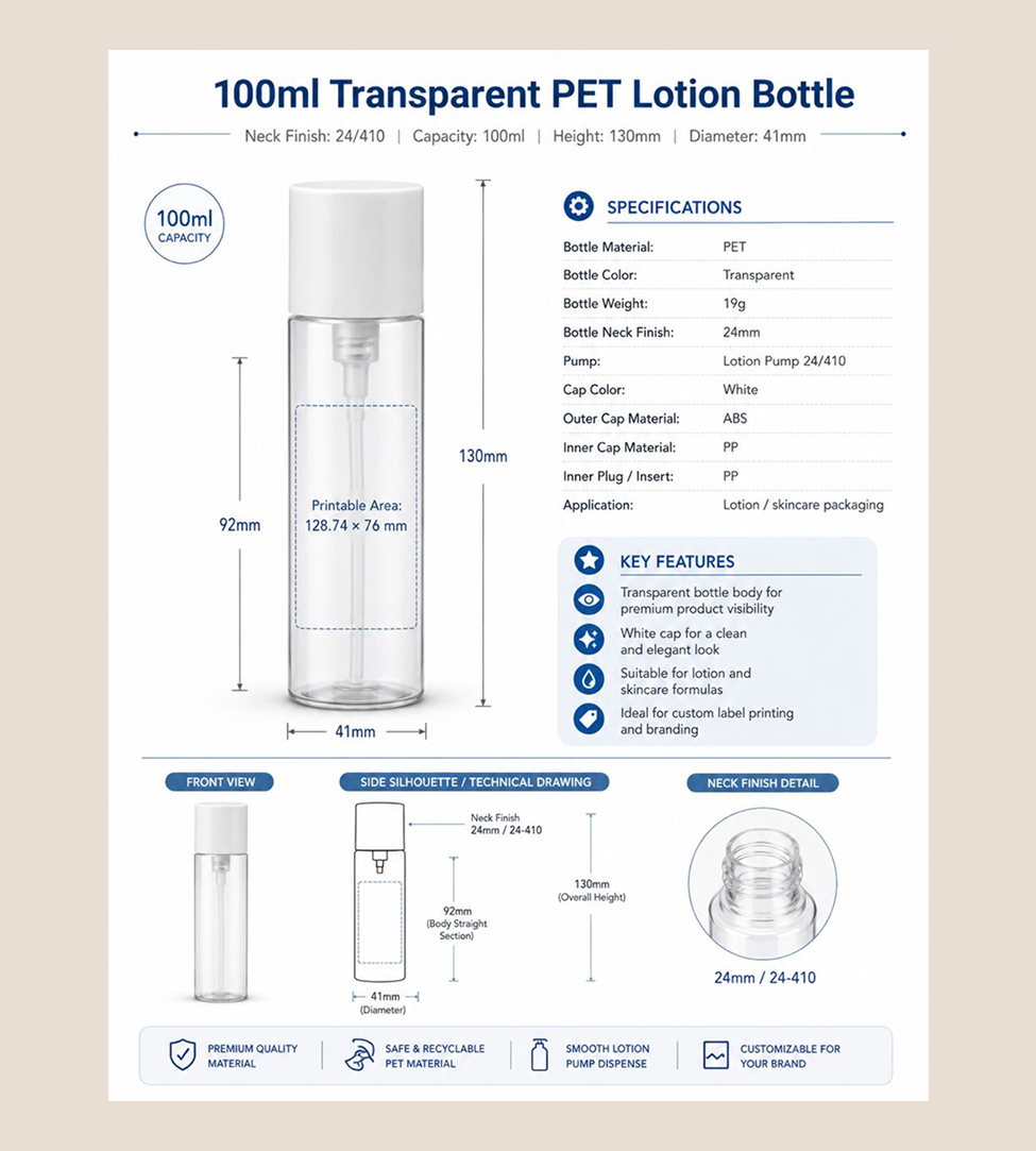 100ml Clear PET Bottle with White Cap details