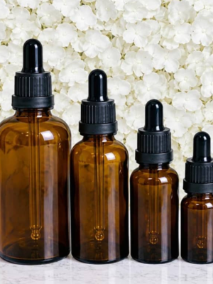 amber bottles with black dropper